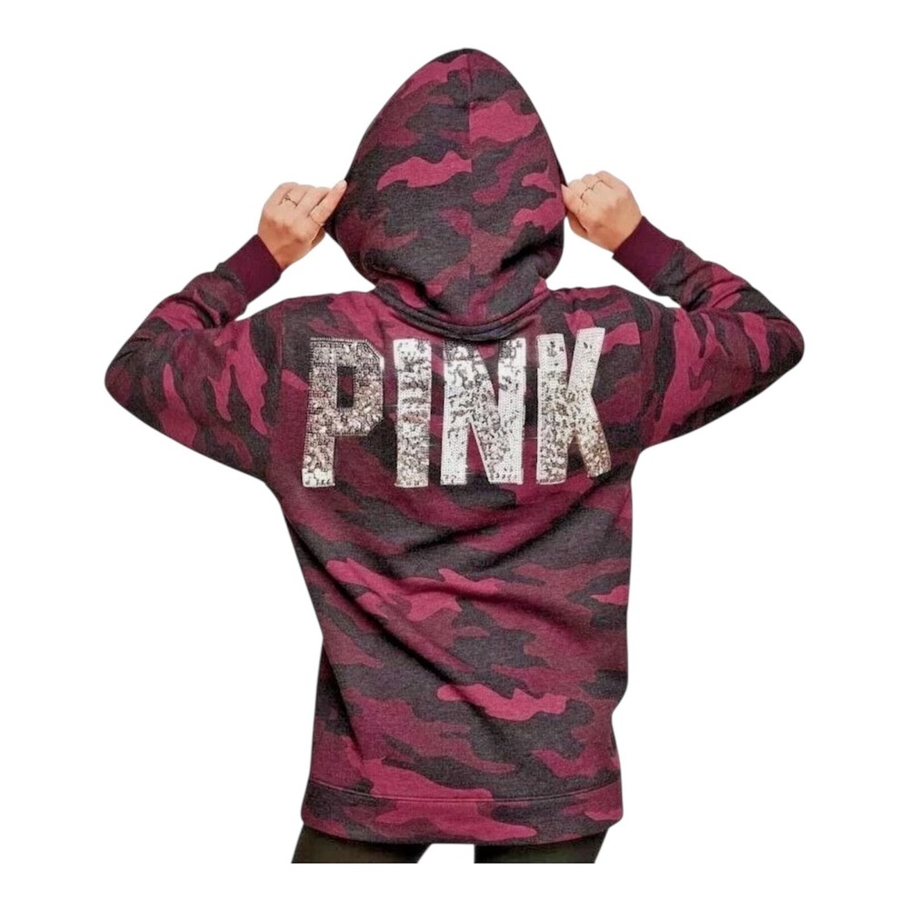 PINK Victorias Secret Bling Camo Sherpa Lined Hoodie Sweatshirt Womens XS Sequin